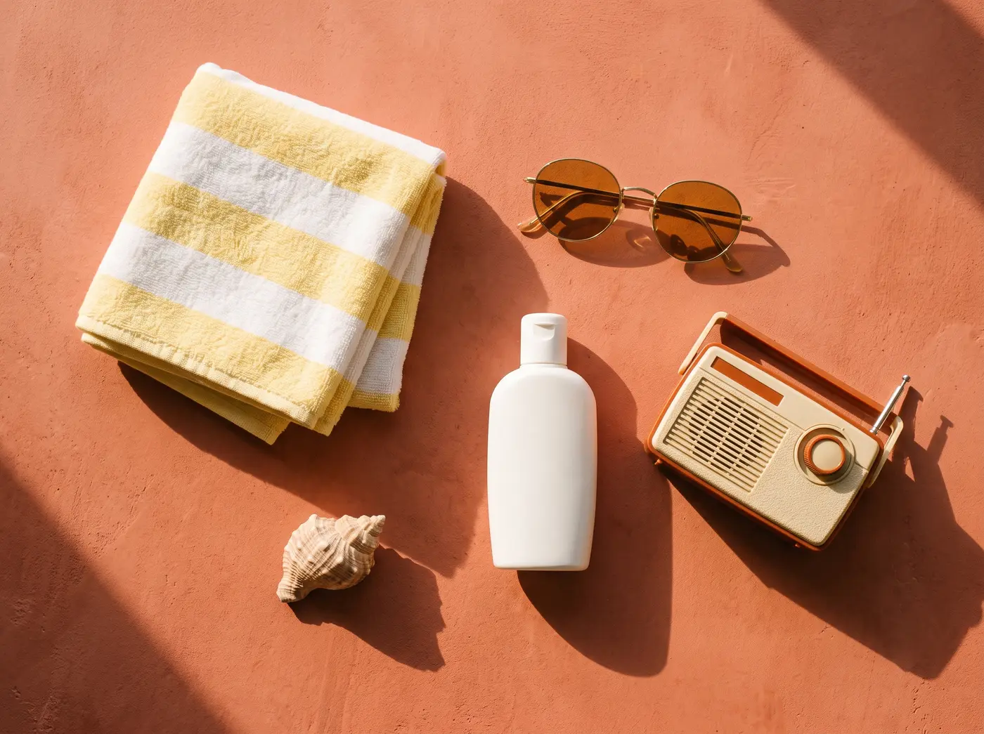 Gestreiftes Handtuch, Sonnenbrille, Pflegeflasche und kleines Retro-Radio auf warmem Untergrund